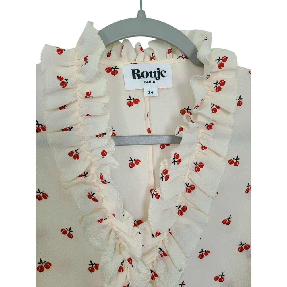 Rouje Paris Frou Frou Cherry Print Wrap Blouse Crepe Ruffle Top Cream Sz 34 US 2 - Picture 3 of 7